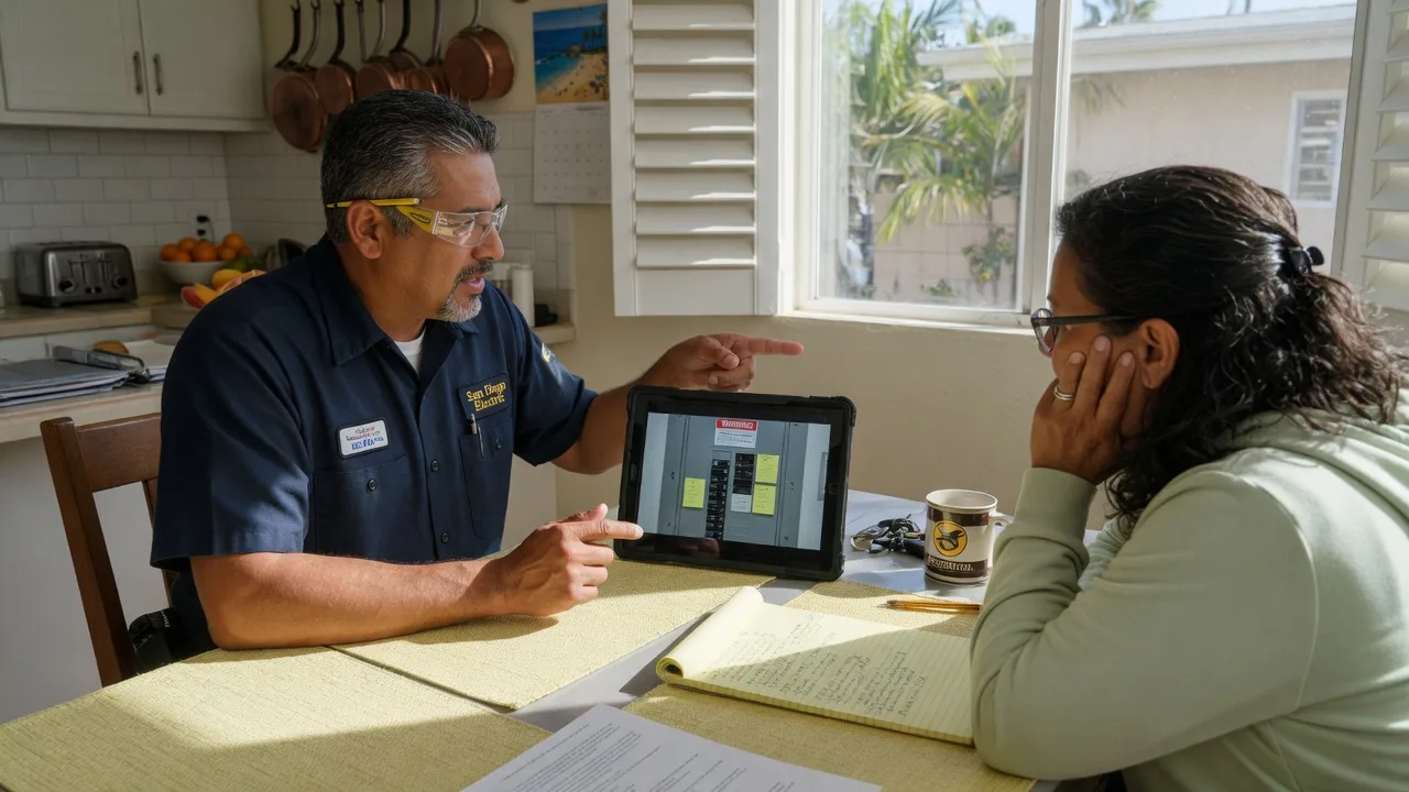 Electrician and homeowner reviewing panel notes at a San Diego kitchen table