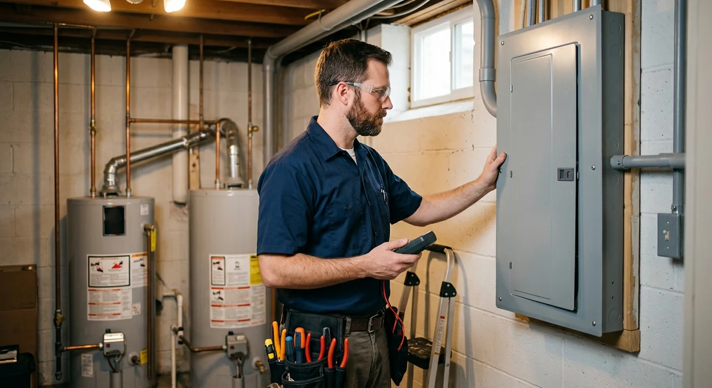 Electrician reviewing a residential panel with a misaligned door