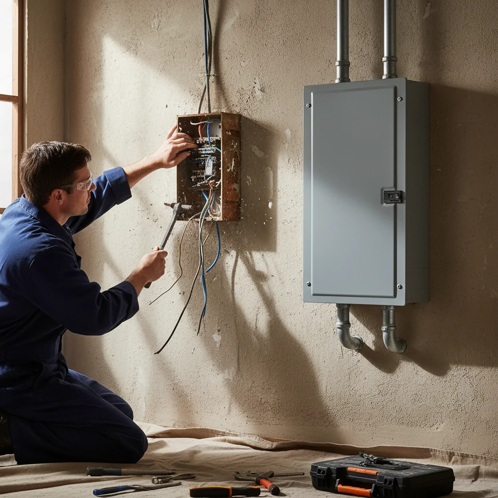 An old fuse panel being removed from a stucco wall next to a freshly mounted new 200-amp panel