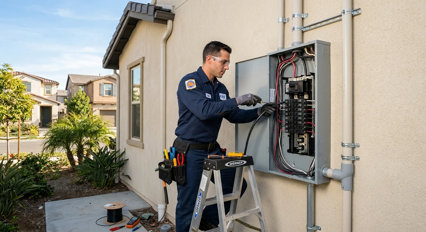 A new, modern 200-amp electrical panel on the side of a suburban home in a Chula Vista neighborhood.