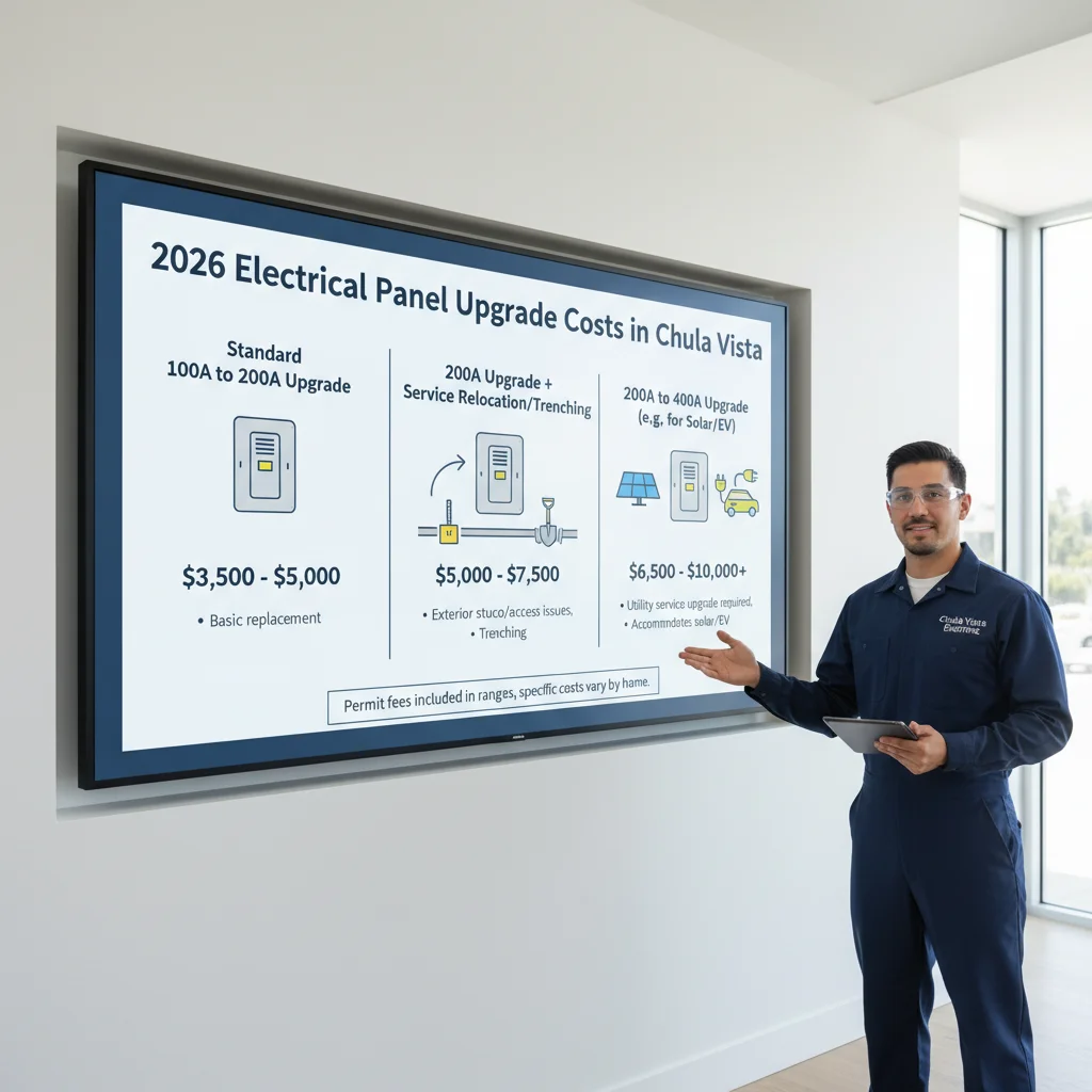 Infographic breaking down typical electrical panel upgrade costs in Chula Vista for 200-amp service, including common factors like stucco, trenching, and main service line changes.