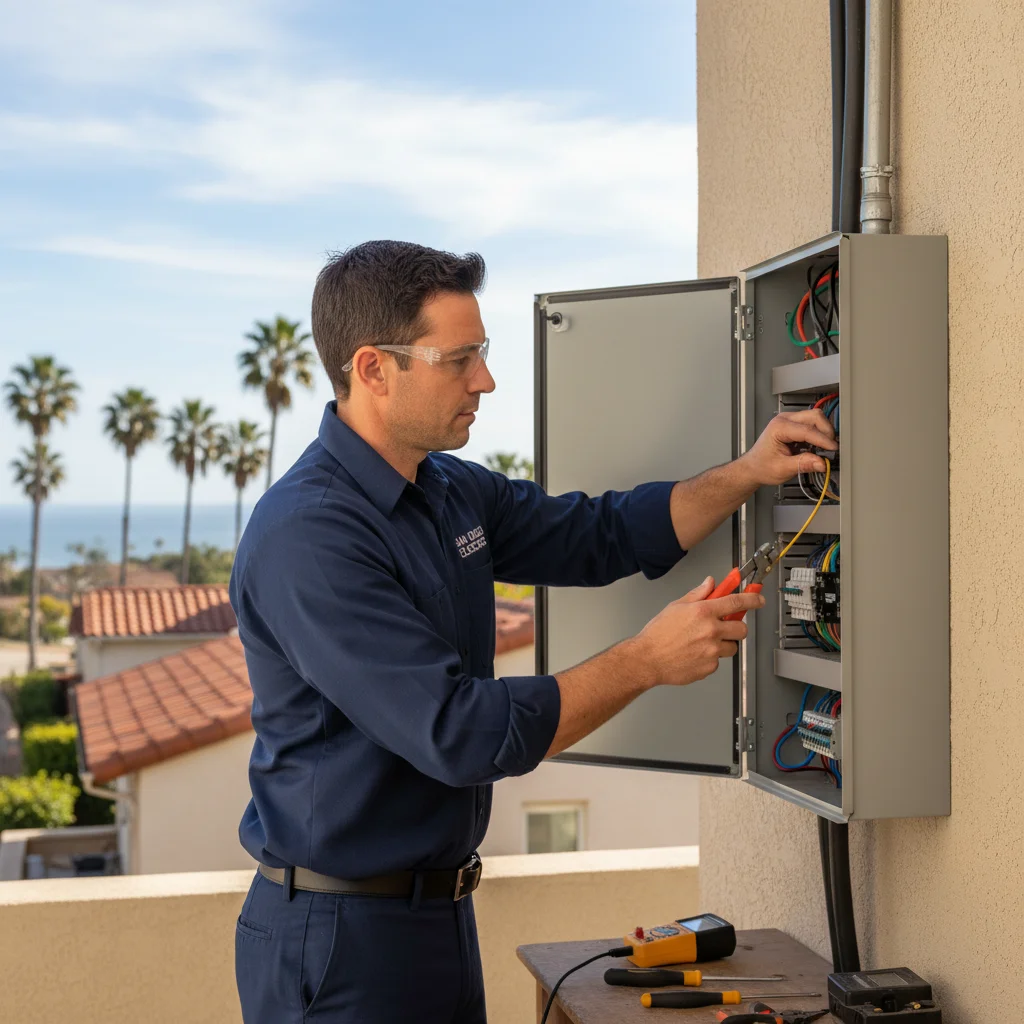 Wide shot of a freshly installed 200-amp residential main breaker panel on a clean San Diego garage wall with the cover removed showing labeled breakers and neat wire bends