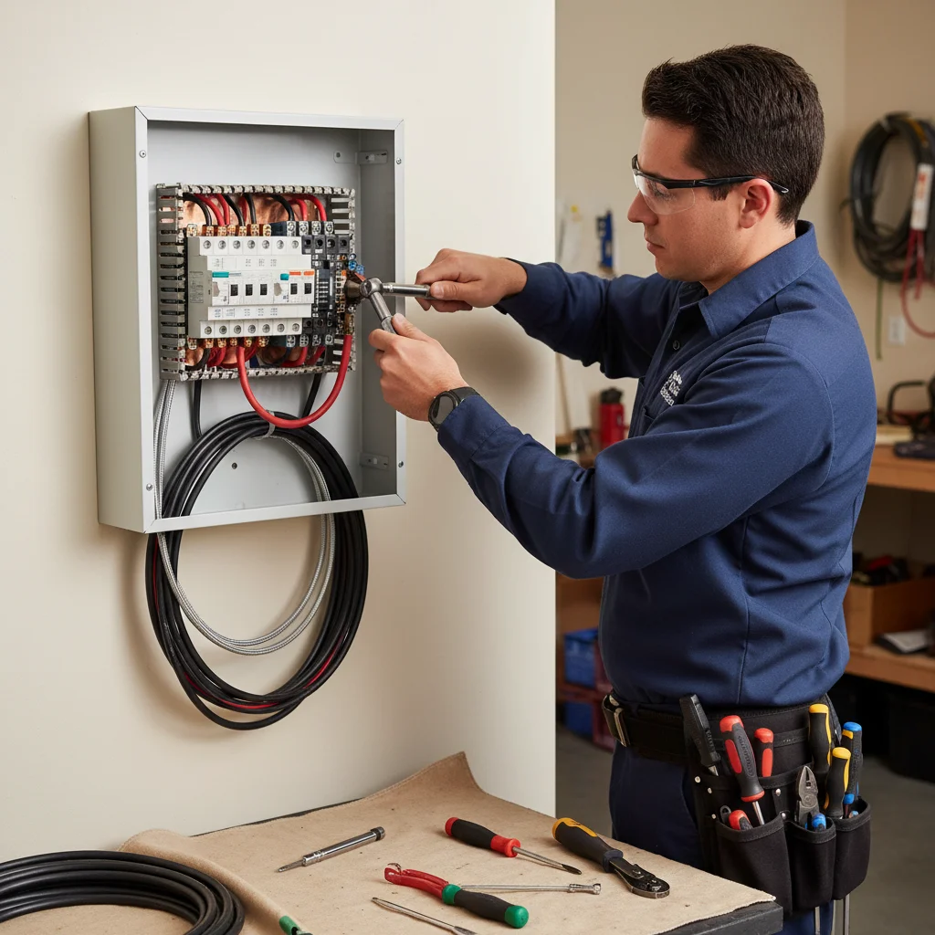 Licensed electrician working on a residential electrical panel upgrade during a solar interconnection project in San Diego