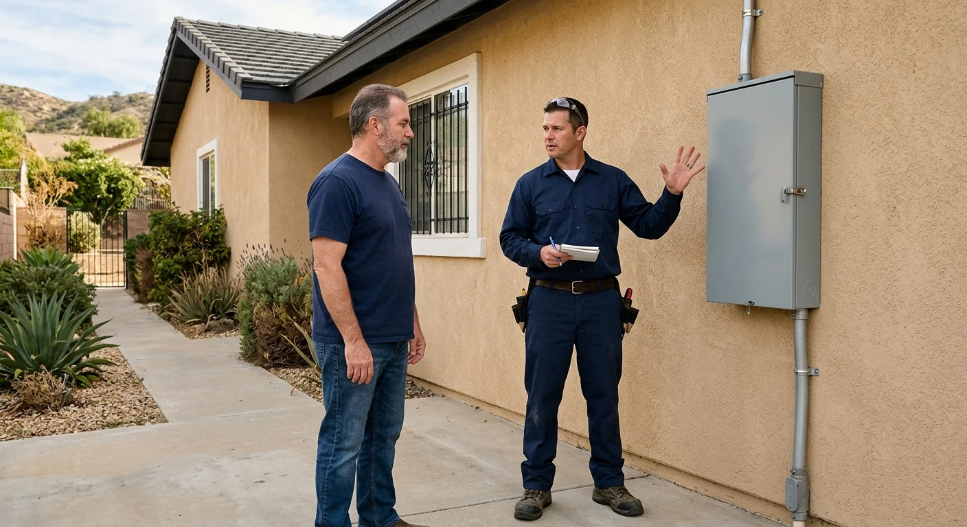 El Cajon homeowner and electrician review a closed exterior panel on a ranch home