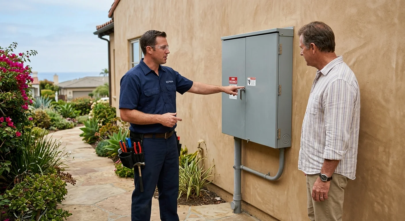 Homeowner and electrician reviewing a closed Encinitas coastal panel