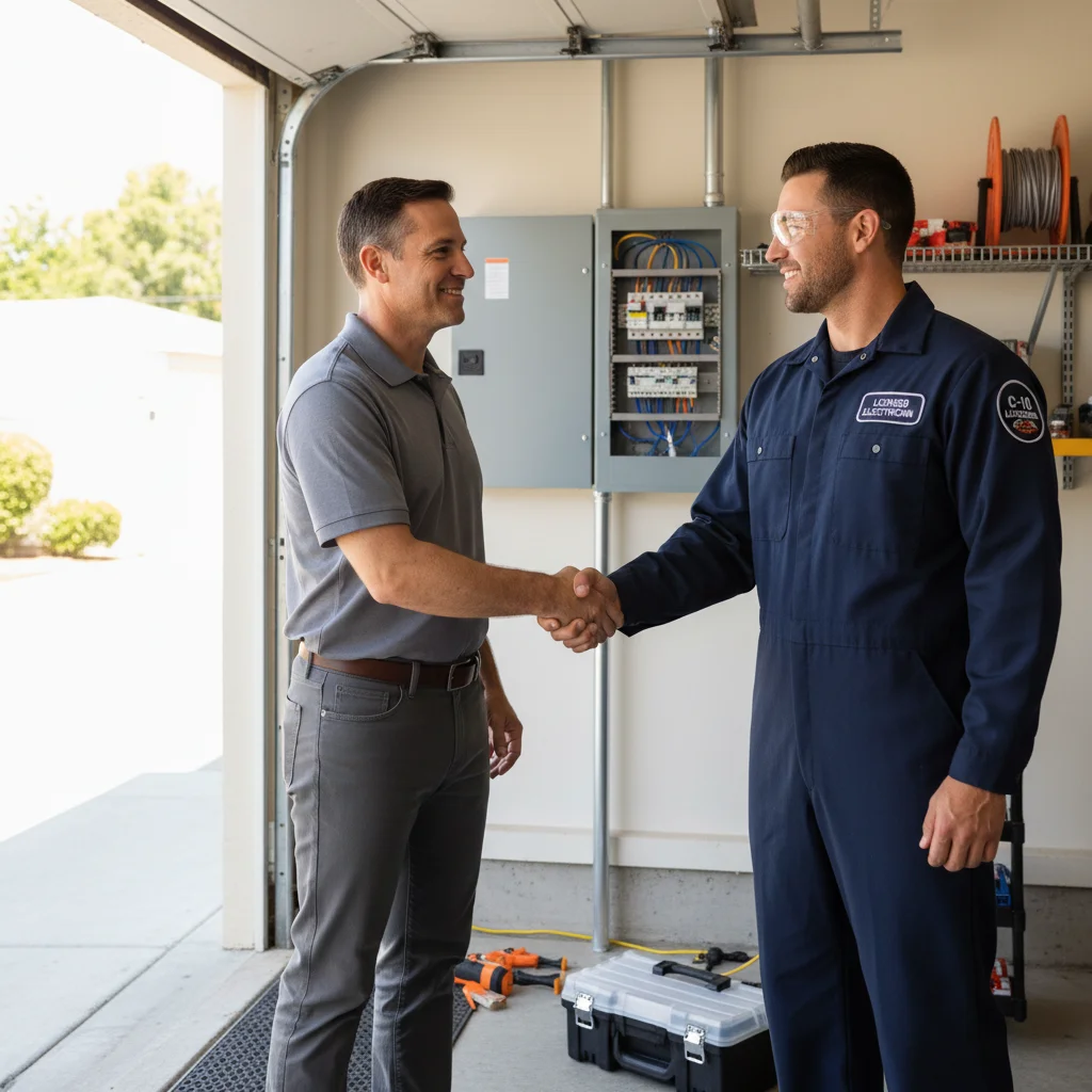 A licensed electrician shaking hands with a San Diego homeowner after a panel upgrade.