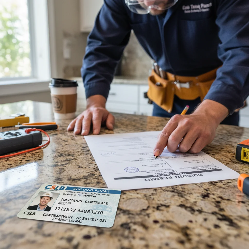A California C-10 electrical contractor license card and a permit document.