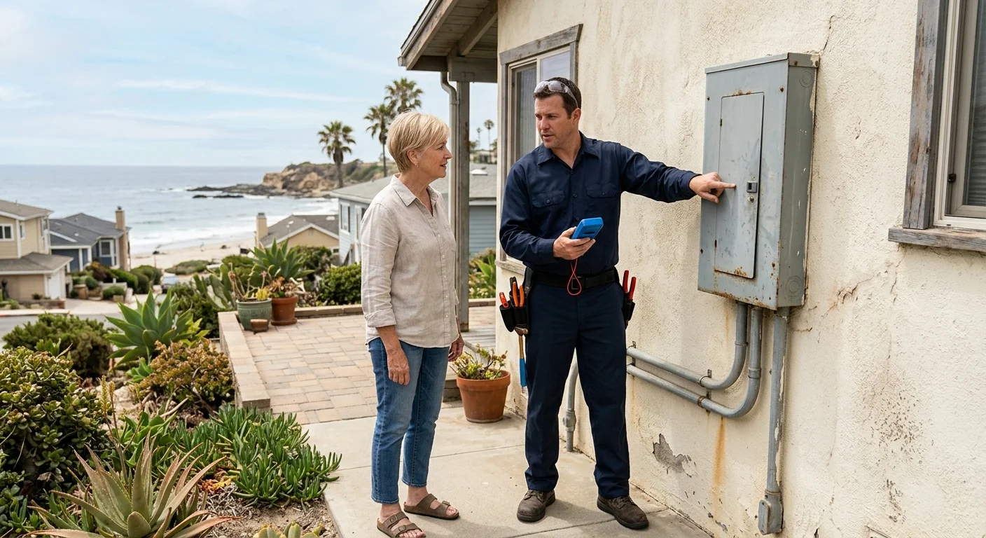Oceanside homeowner and electrician reviewing a closed exterior panel on a stucco home
