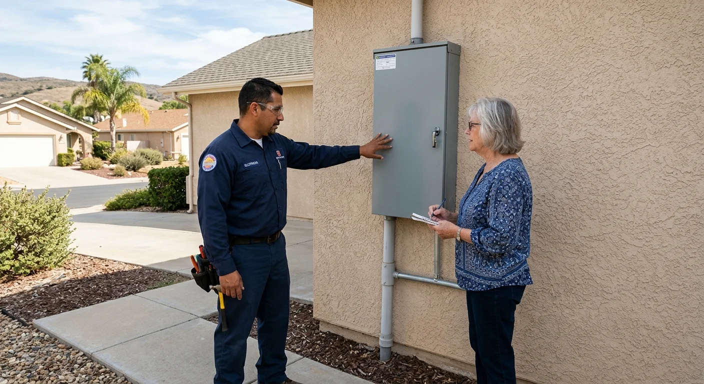 Vista homeowner and electrician reviewing a closed exterior panel on a stucco tract home