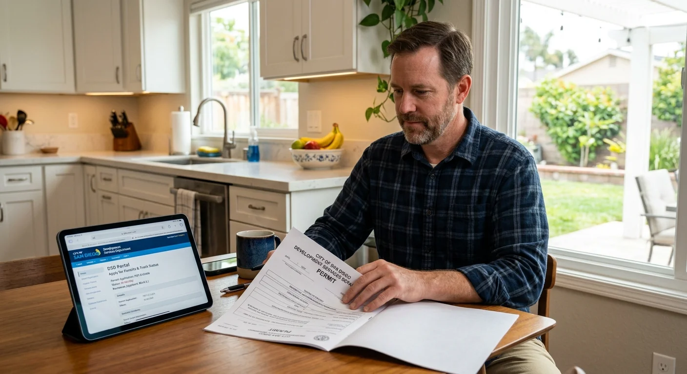 A homeowner reviewing a City of San Diego permit document at a kitchen table next to a tablet showing the DSD portal