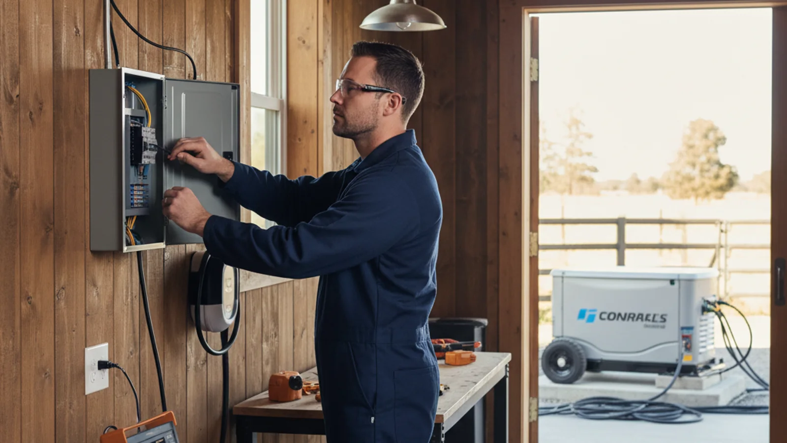 A Bright Pro Electric electrician works on an outdoor sub-panel at a Bonsall equestrian ranch property, with oak-dotted hills visible in the background along the SR-76 corridor.