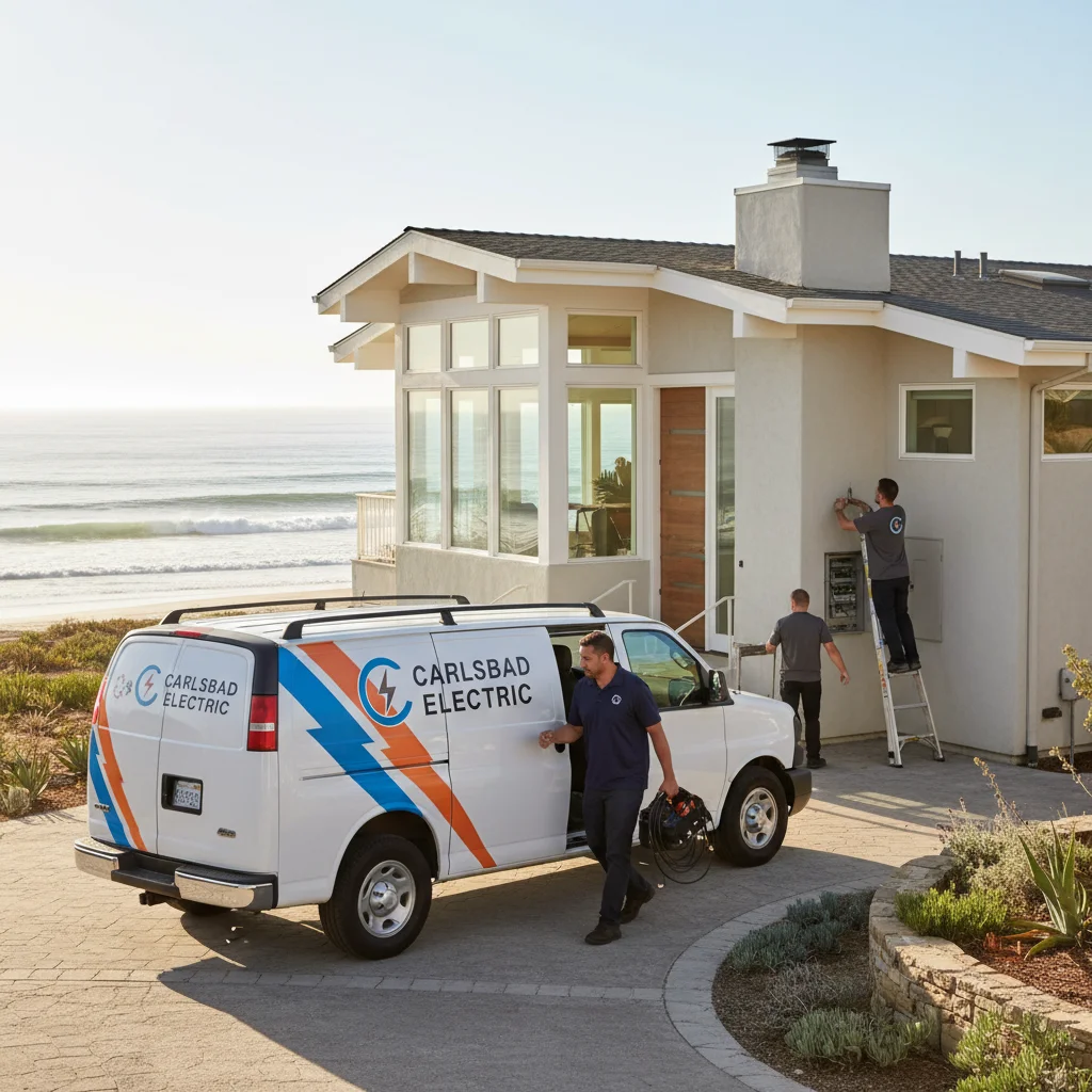 Electrician service van parked in front of a coastal Carlsbad home with ocean visible in the distance