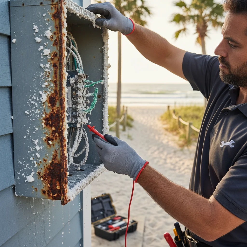 Electrician inspecting a corroded exterior panel on a beach-adjacent home with salt residue on the cover
