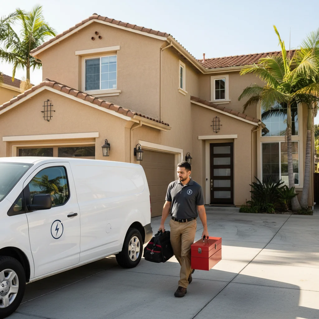 A uniformed electrician carrying a tool bag outside a stucco home in Eastlake Chula Vista