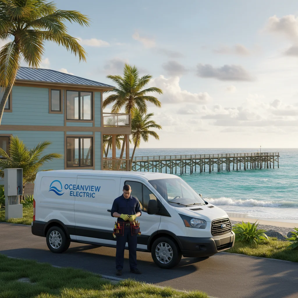 An electrician service van parked in front of an Oceanside coastal home with the pier visible in the background