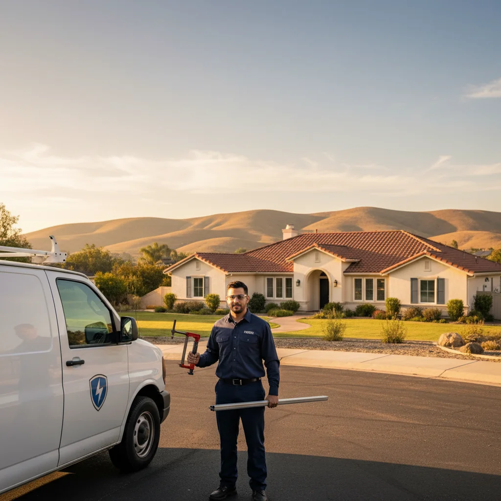 An electrician service van parked in front of a large-lot Poway home with rolling hills behind it.