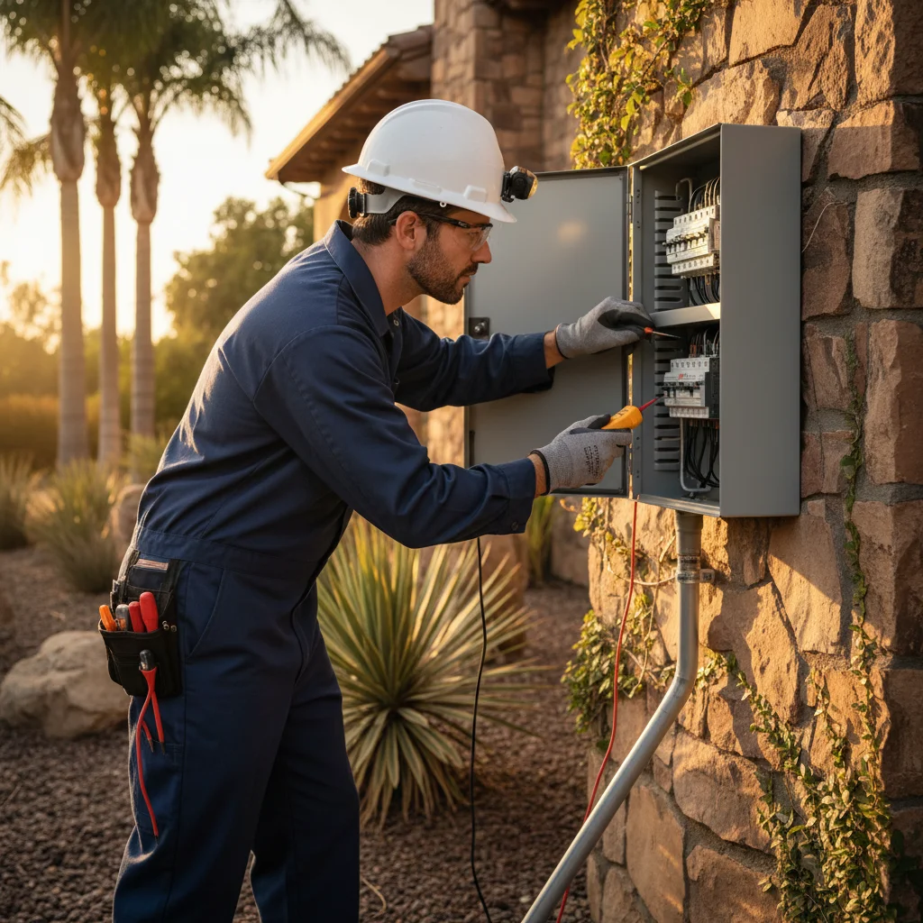 Electrician inspecting a sub-panel mounted on the exterior of a Poway estate hom