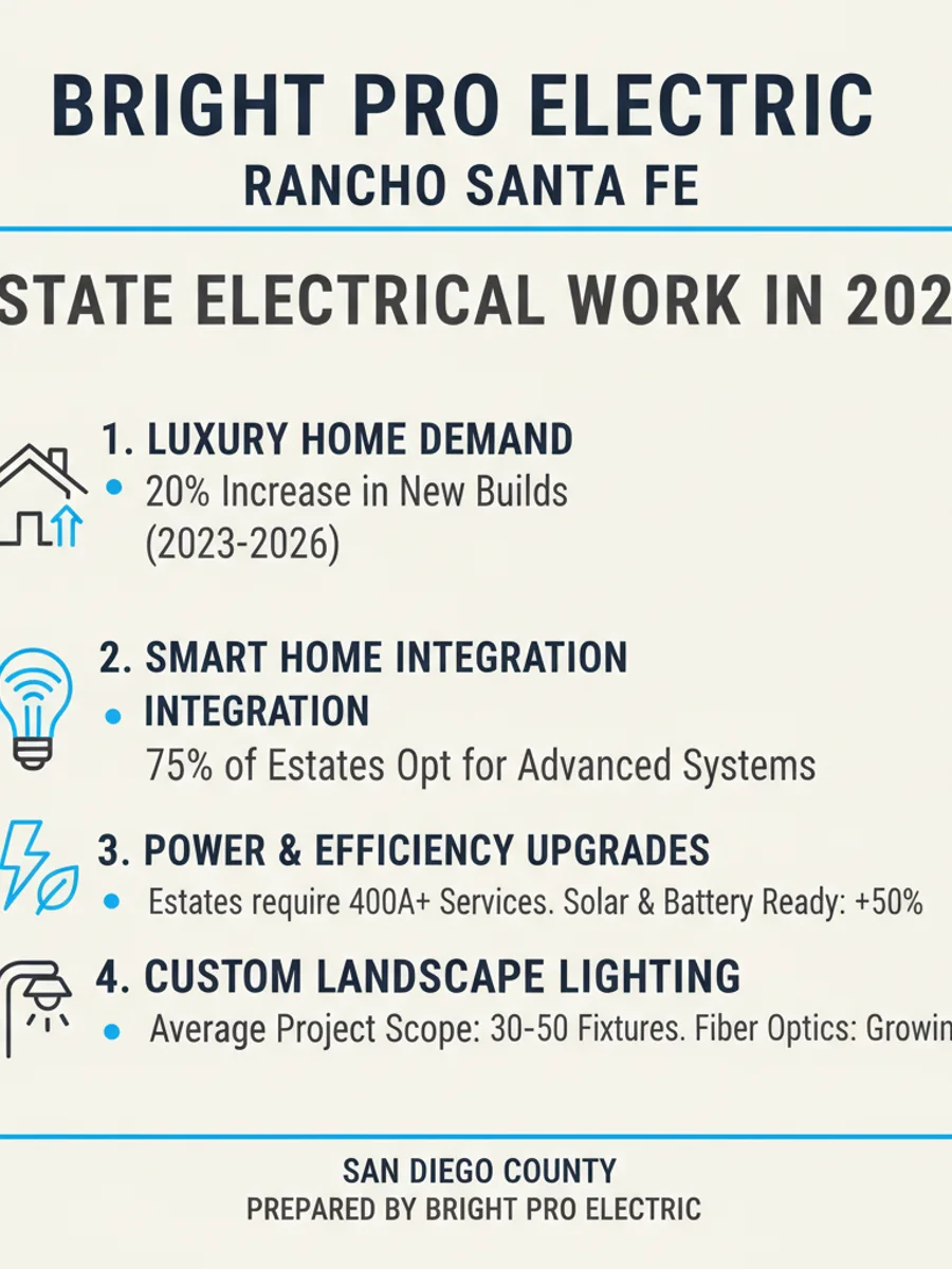 A 400-amp service upgrade installation at a Rancho Santa Fe Covenant estate, showing concealed conduit runs and premium panel equipment.