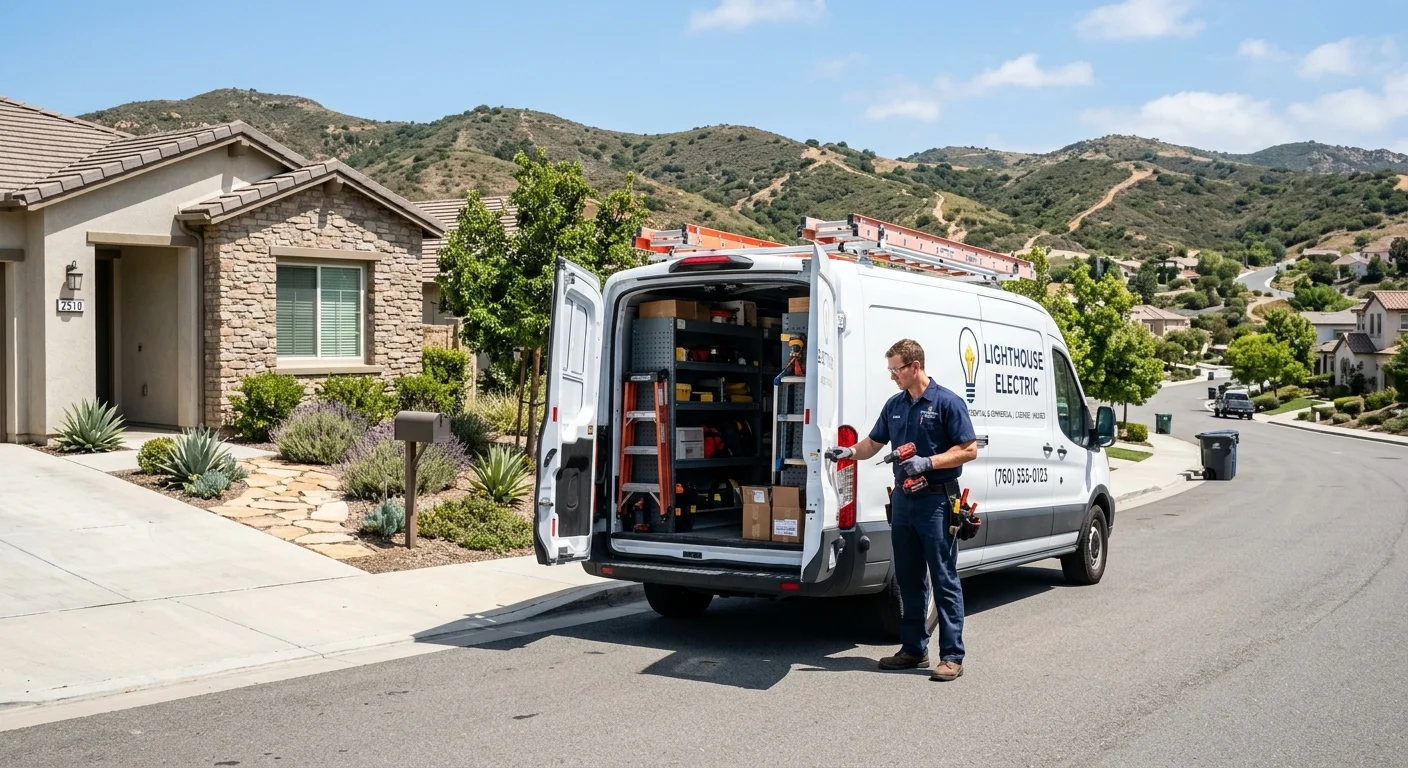 A clean service van for an electrician parked in front of a home in San Elijo Hills, San Marcos, with the hills in the background on a sunny day