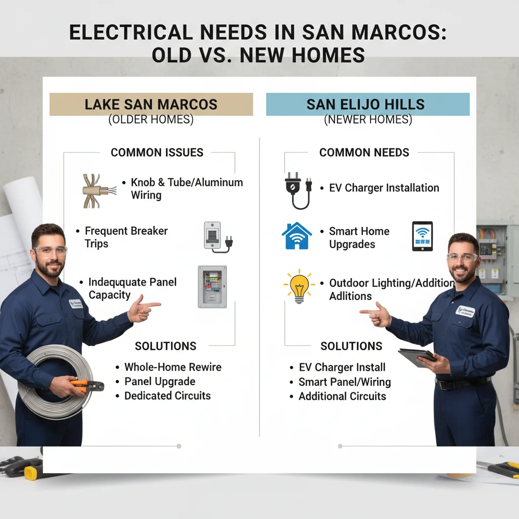 Infographic comparing common electrical challenges and solutions for older homes in Lake San Marcos vs. newer homes in San Elijo Hills