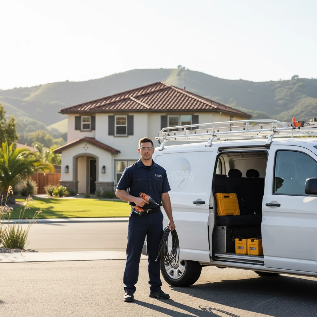 A Bright Pro Electric service van parked in front of a stucco home in Vista, California, with the rolling hills of North County in the background.