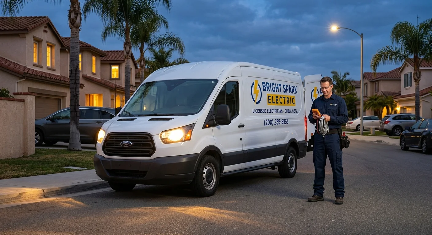 A clean, branded electrician's van parked on a residential street in Chula Vista at dusk, conveying urgency.