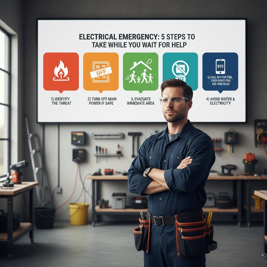 Infographic illustrating 5 key safety steps to take during an electrical emergency, including shutting off power and keeping clear.