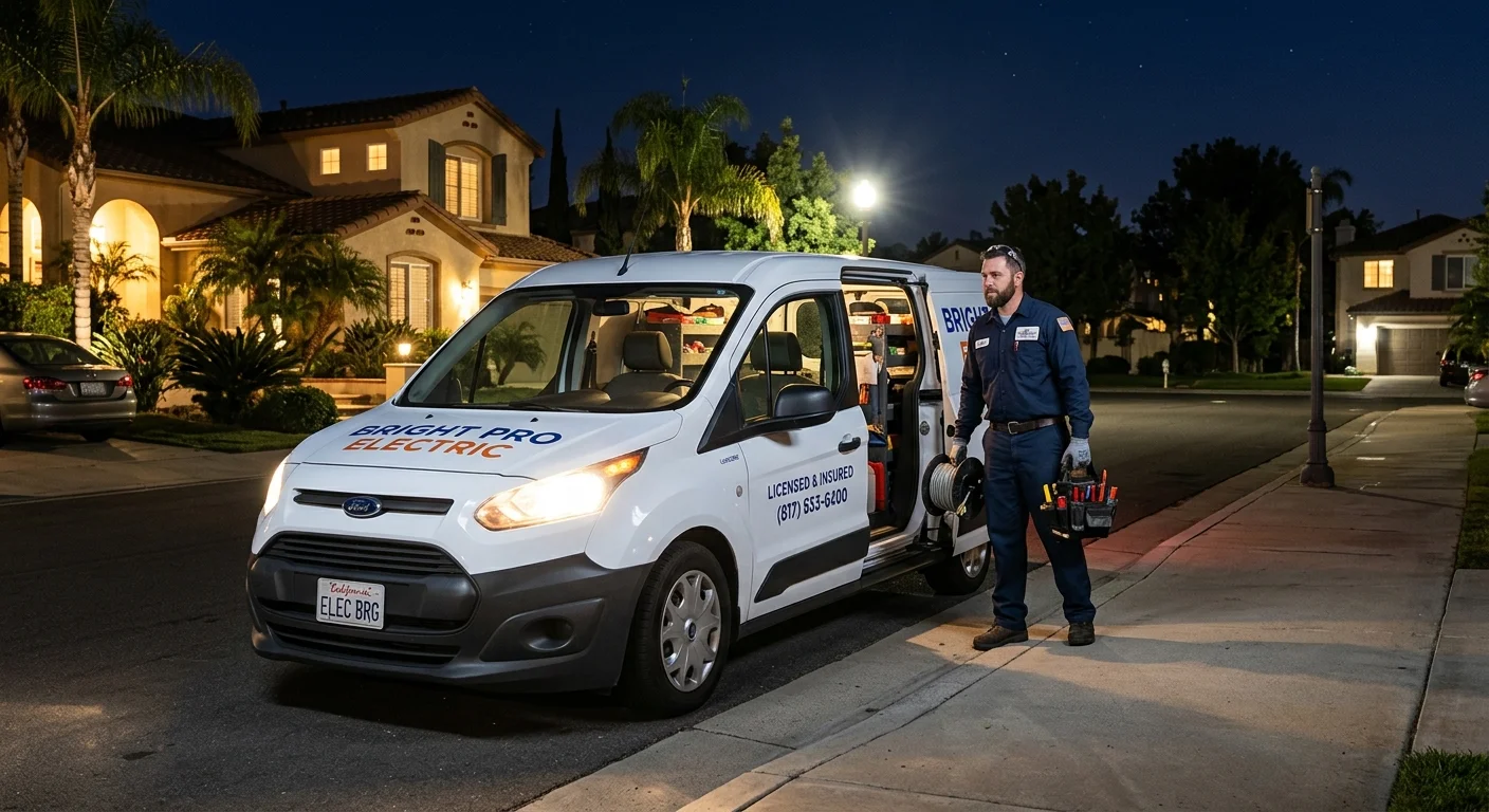 A Bright Pro Electric van parked on a residential street in Escondido at night, headlights on, conveying readiness for emergency electrical service.