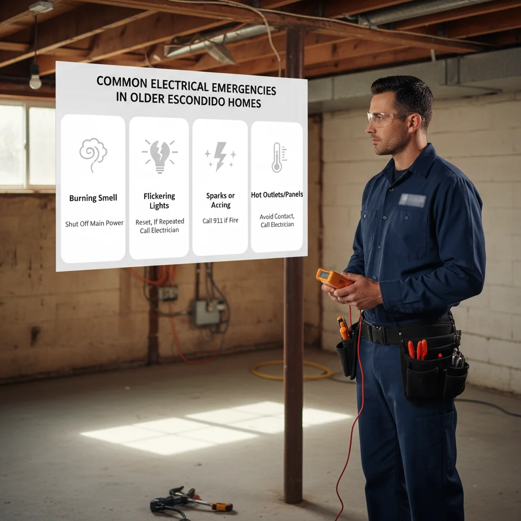 An infographic illustrating common electrical emergencies in older Escondido homes, including burning smells, flickering lights, and frequent breaker trips, with recommended immediate actions.