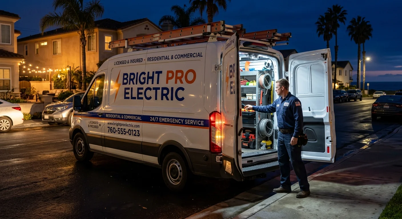 A Bright Pro Electric service van parked on a street in Oceanside at night, clearly visible and ready for a service call.