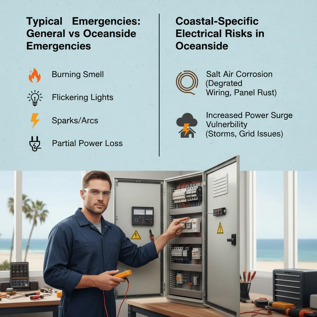 Infographic illustrating common electrical emergencies in Oceanside coastal homes, highlighting risks like corrosion and power surges.
