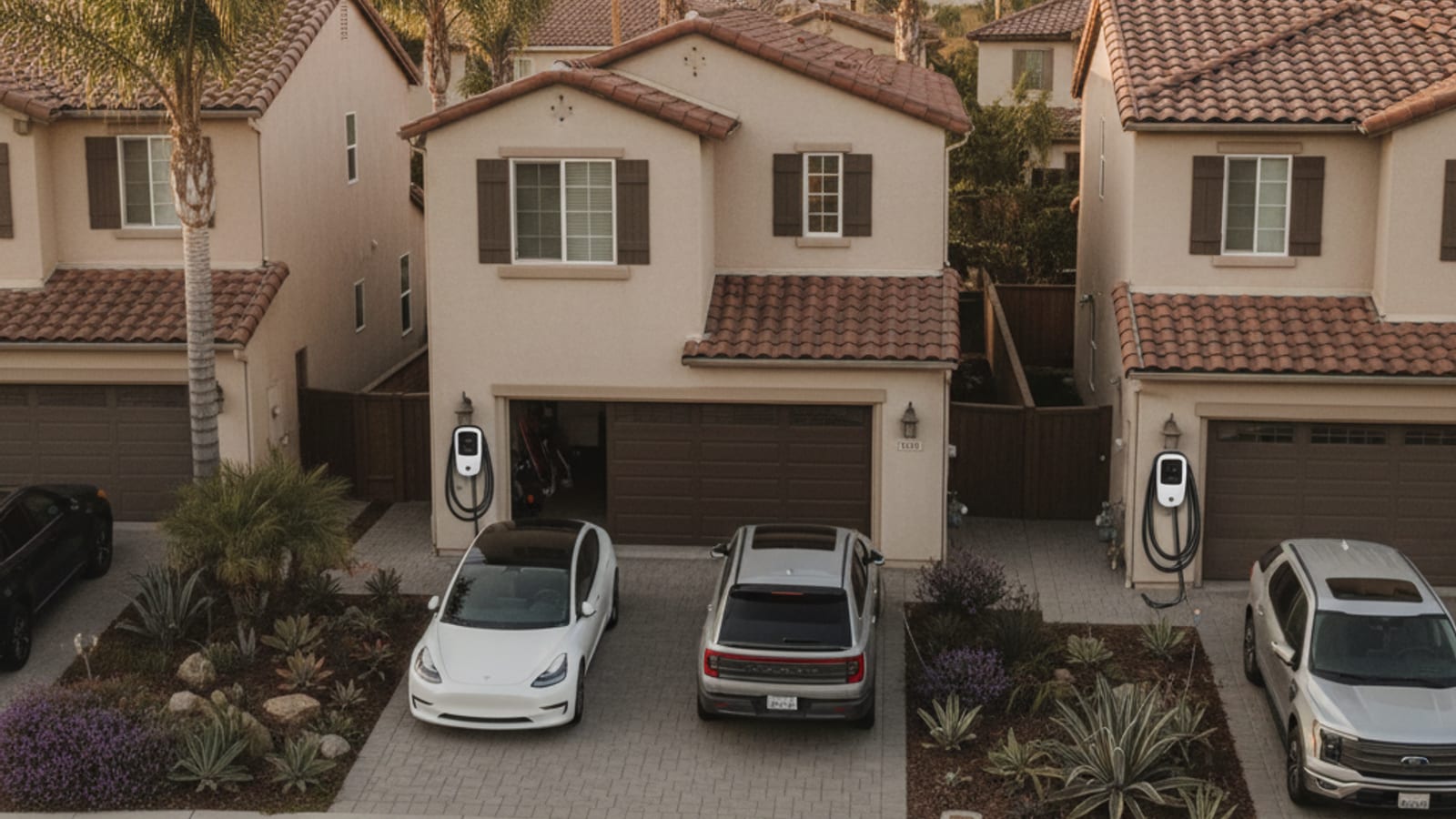 Row of modern electric vehicles parked in a San Diego suburban neighborhood with Level 2 home chargers visible in open garages along the street