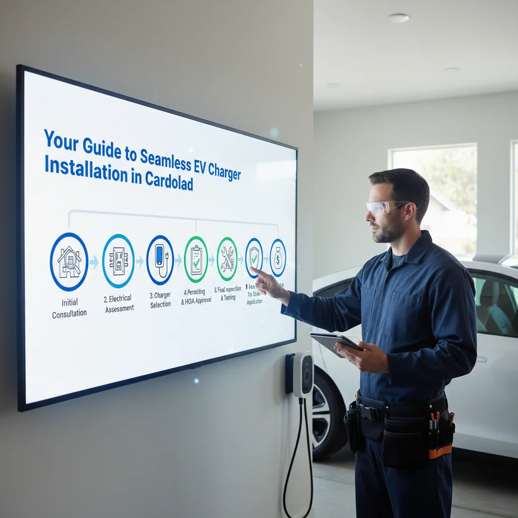 An infographic showing a step-by-step process for home EV charger installation, covering consultation, site assessment, charger selection, permitting, installation, inspection, and rebate application.