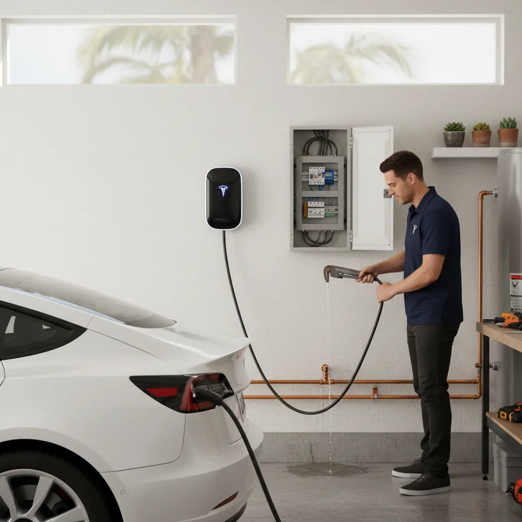 Wall-mounted level 2 EV charger in a San Diego garage with a Tesla and sub-panel visible