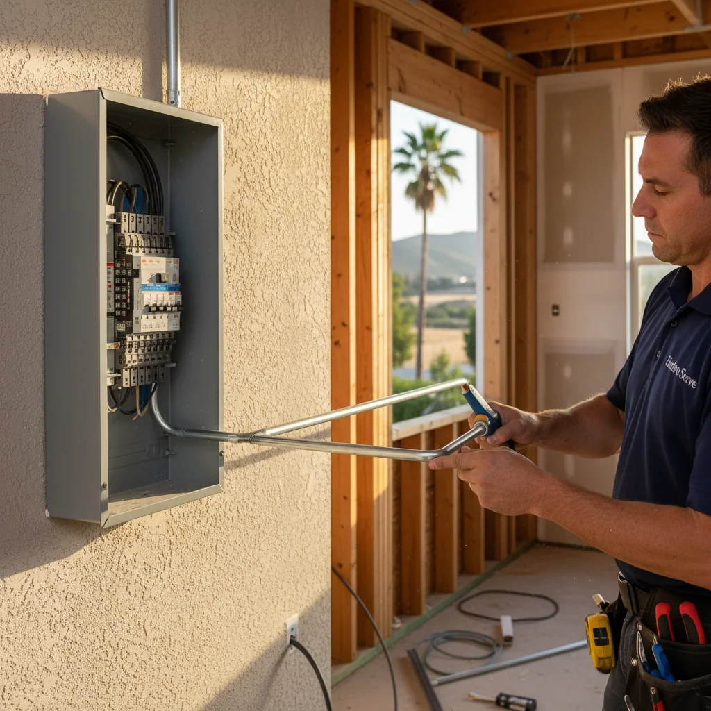 Close-up of a licensed electrician routing EMT conduit from a 200-amp panel toward a garage wall in Southern California