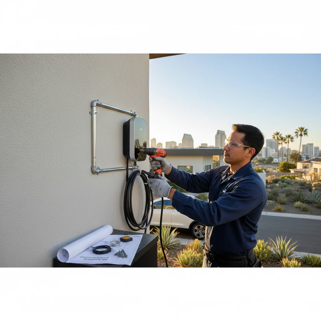 Compact Wallbox Pulsar Plus charger mounted on a narrow garage wall in a San Diego home