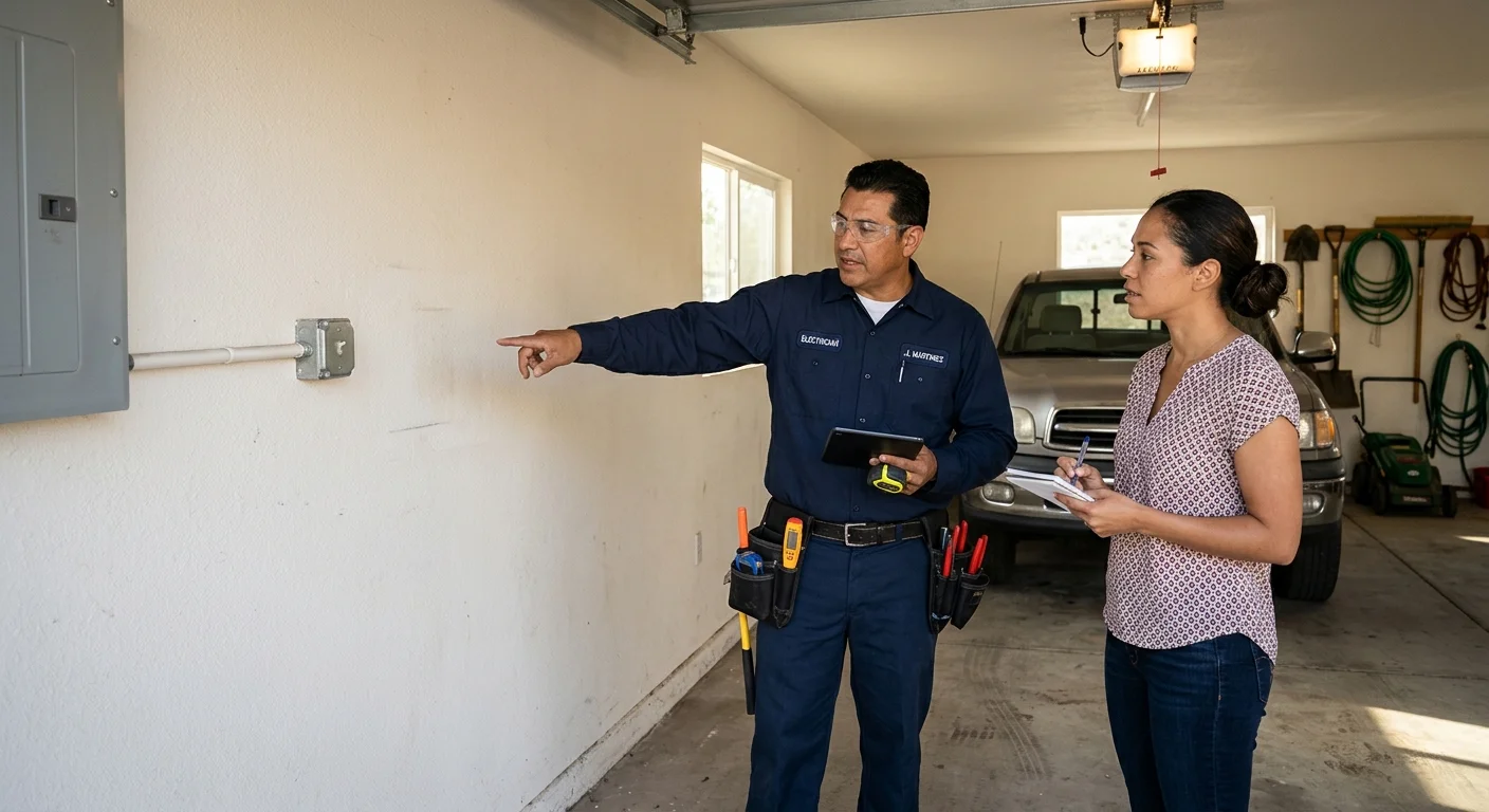 An El Cajon homeowner and independent electrician reviewing a closed garage wall