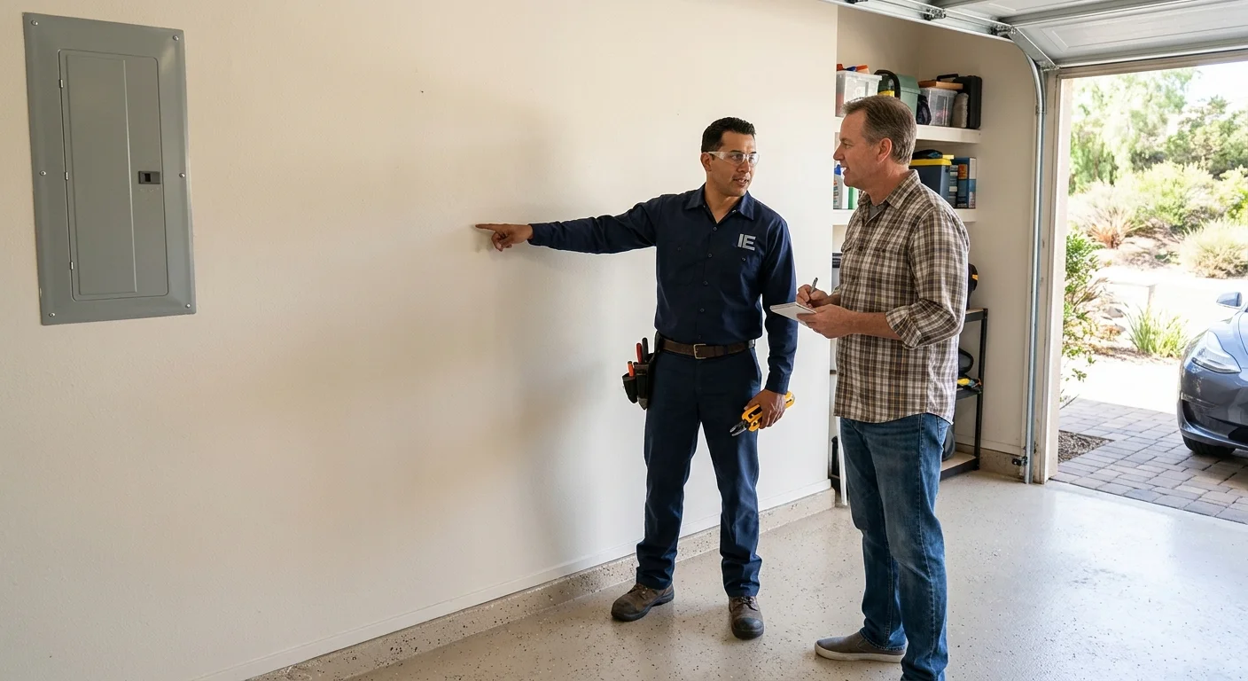 Escondido homeowner and electrician reviewing a closed garage wall for charger placement