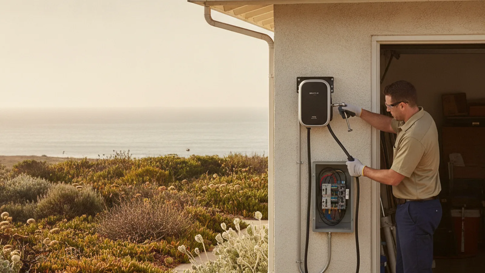 A licensed electrician and homeowner reviewing an EV charger location in a La Jolla garage