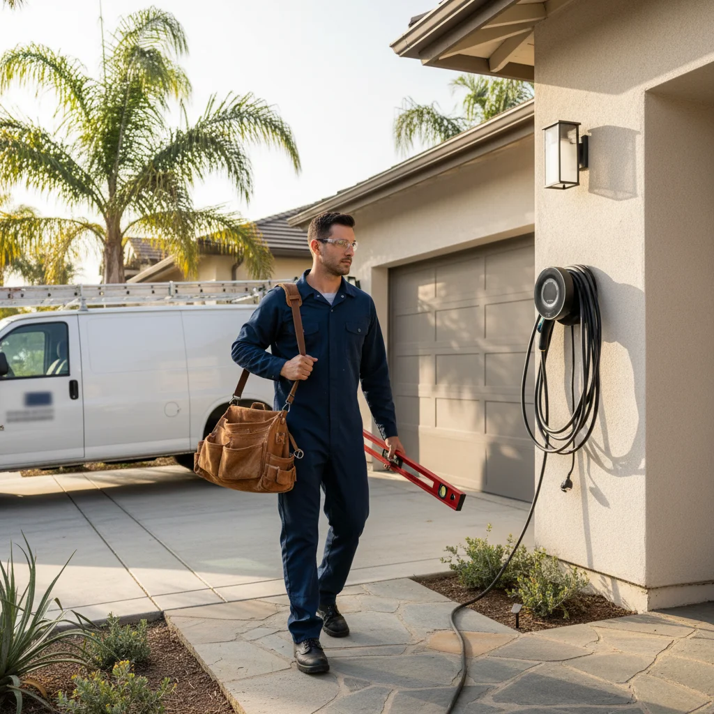 A licensed electrician from Bright Pro Electric arriving at a San Diego home to install a Level 2 EV charger.