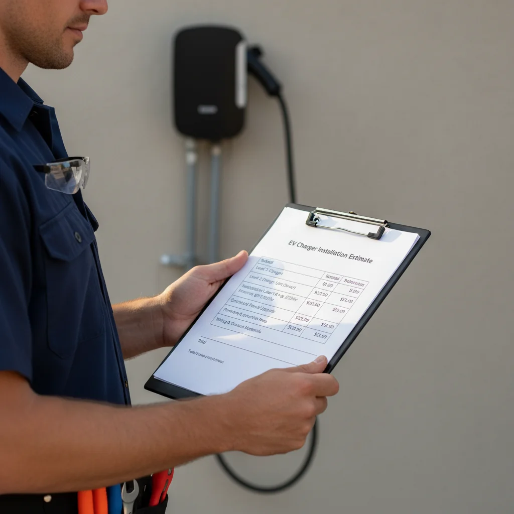 Close-up of an EV charger quote document on a clipboard with itemized line items