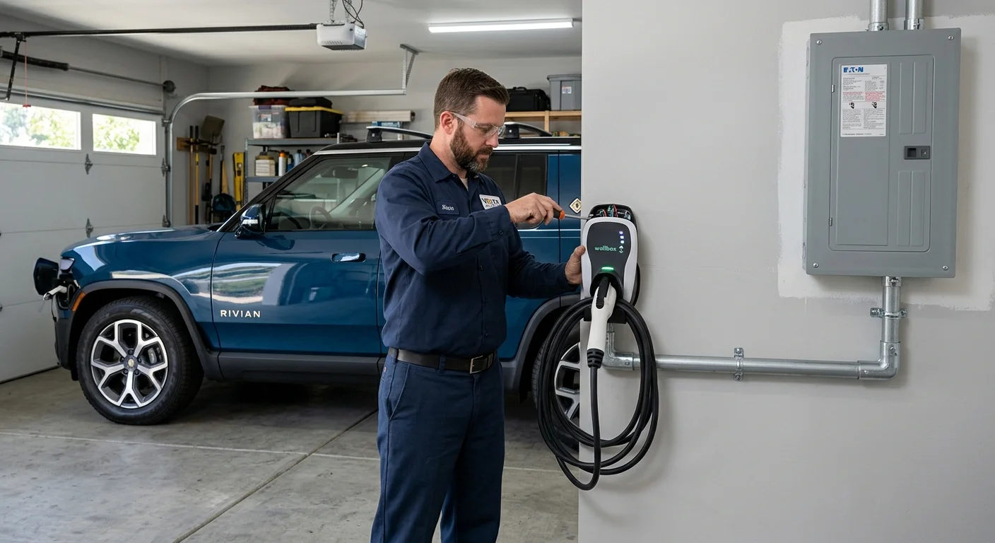 A Level 2 EV charger mounted in a Poway garage next to an electric SUV, with a tidy conduit run to the panel.