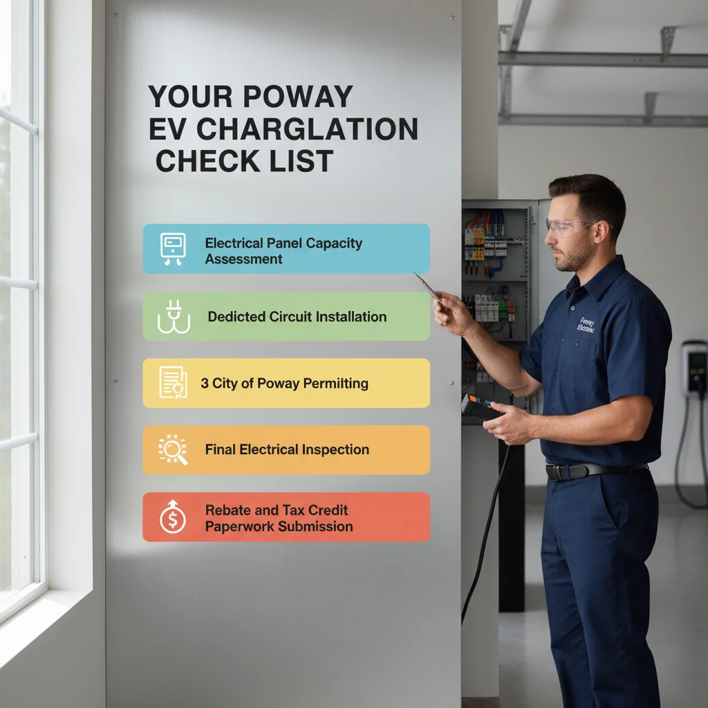 A checklist for EV charger installation in Poway covering panel capacity, dedicated circuit, permitting, inspection, and rebate paperwork.