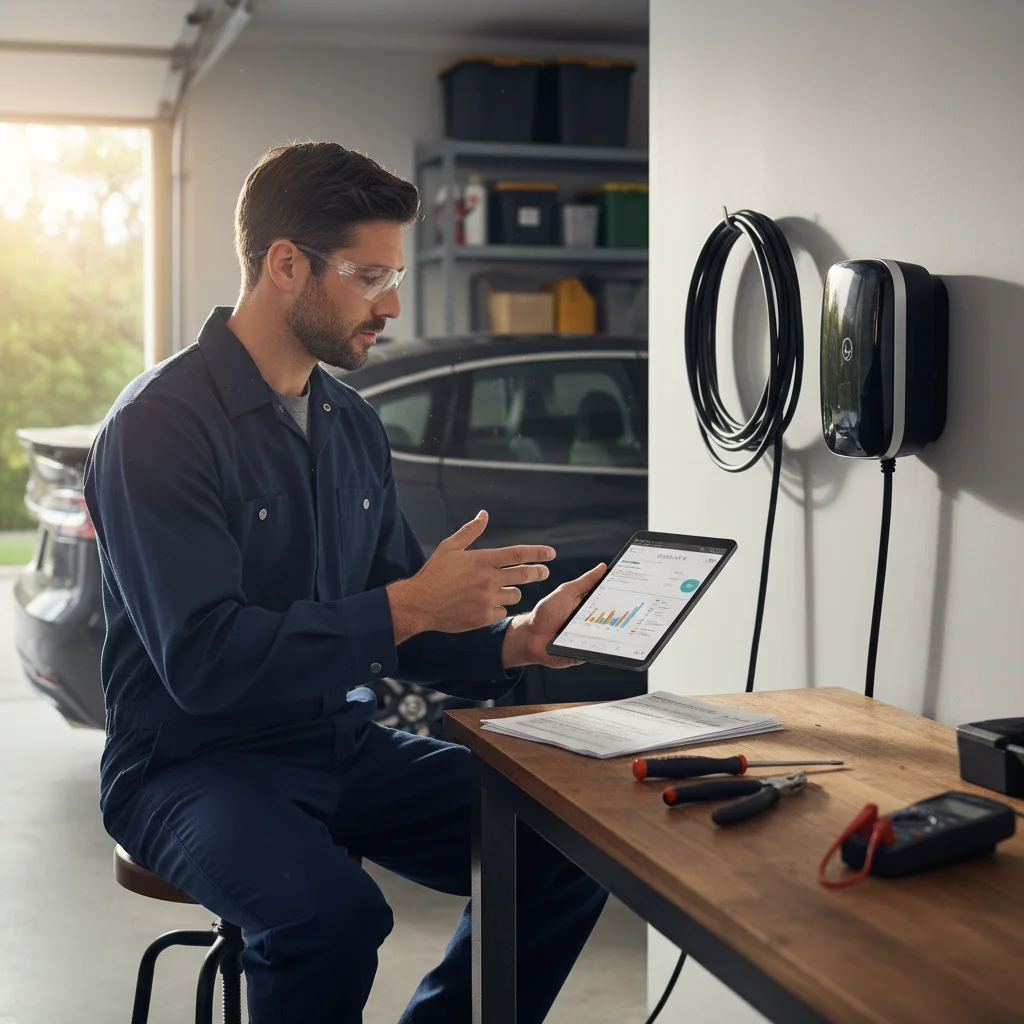 A homeowner reviews rebate forms on a tablet next to a new EV charger in their San Diego garage.