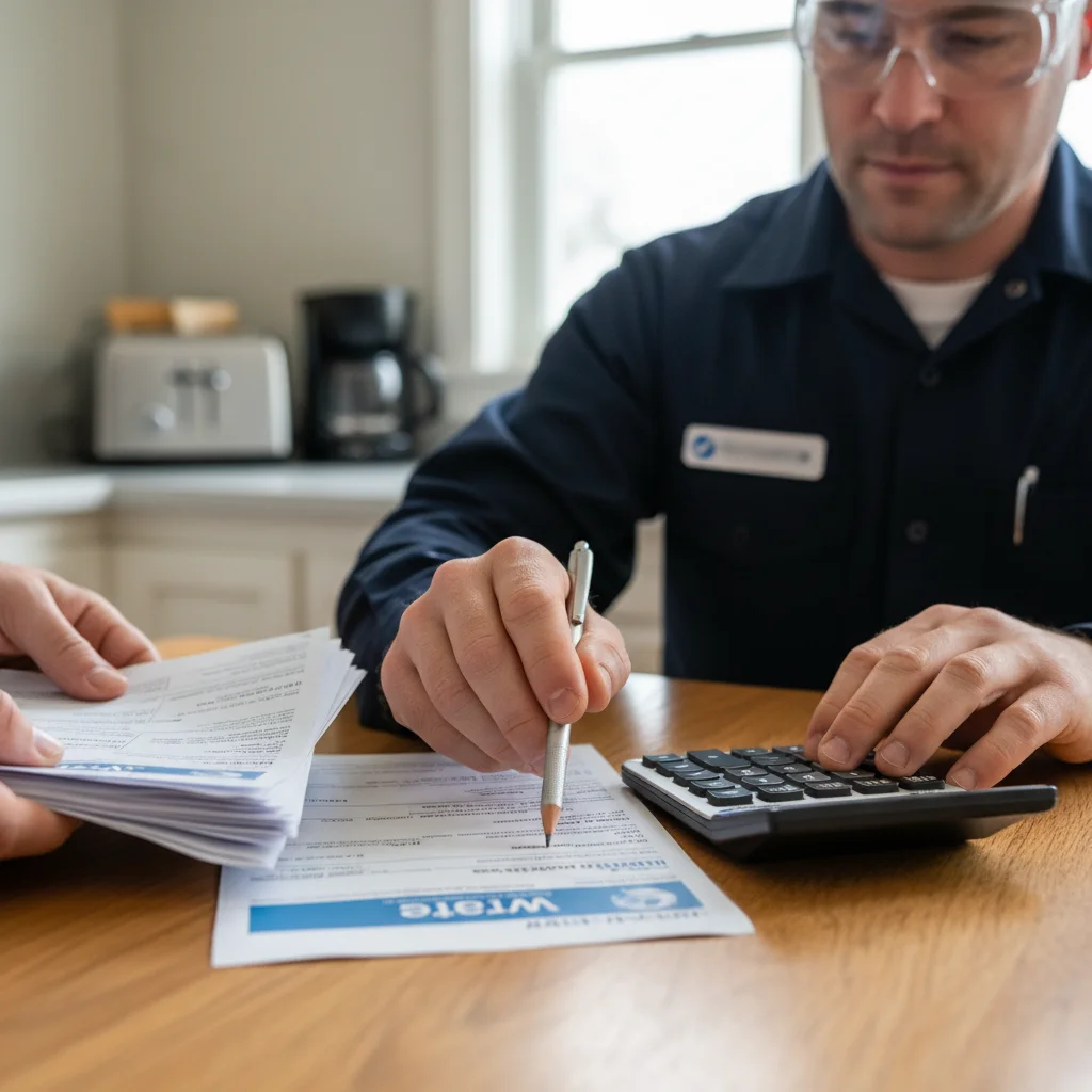 Close-up of stacked rebate forms and a utility bill on a kitchen table.