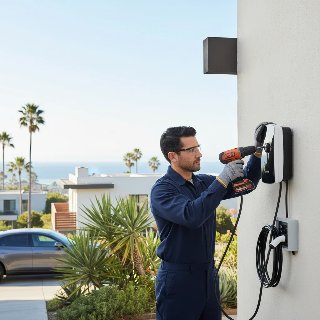 Rivian R1T truck parked in a San Diego garage next to a wall-mounted Level 2 charger