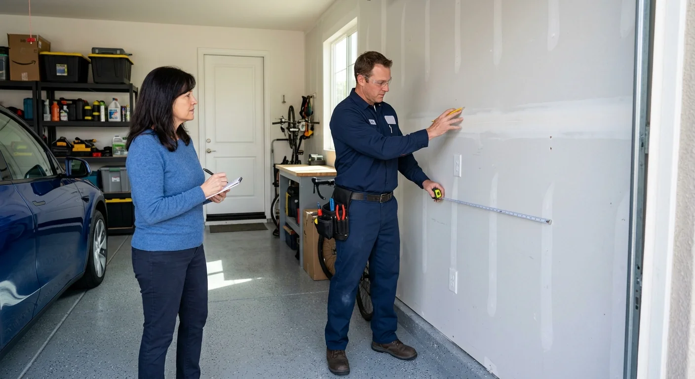 A Vista homeowner and independent electrician reviewing a closed garage wall as a charging location