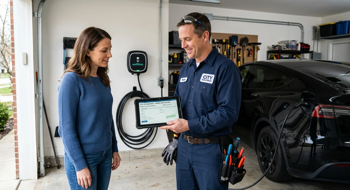 A friendly electrician showing a homeowner a tablet with a digital permit application on the screen, with a newly installed EV charger visible in the garage background.