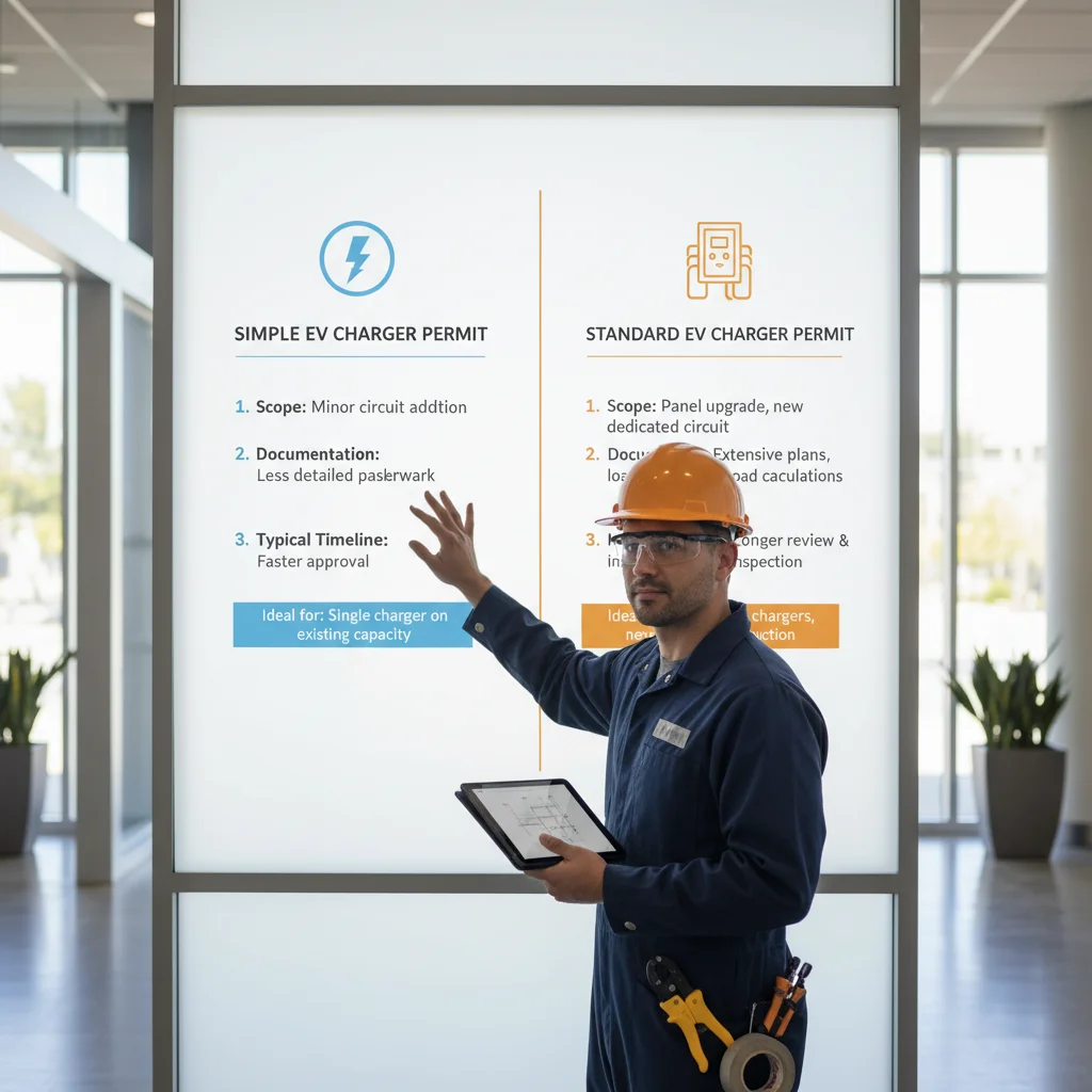 An infographic illustrating key differences between simple and standard EV charger permits in San Diego, including typical scopes and benefits.