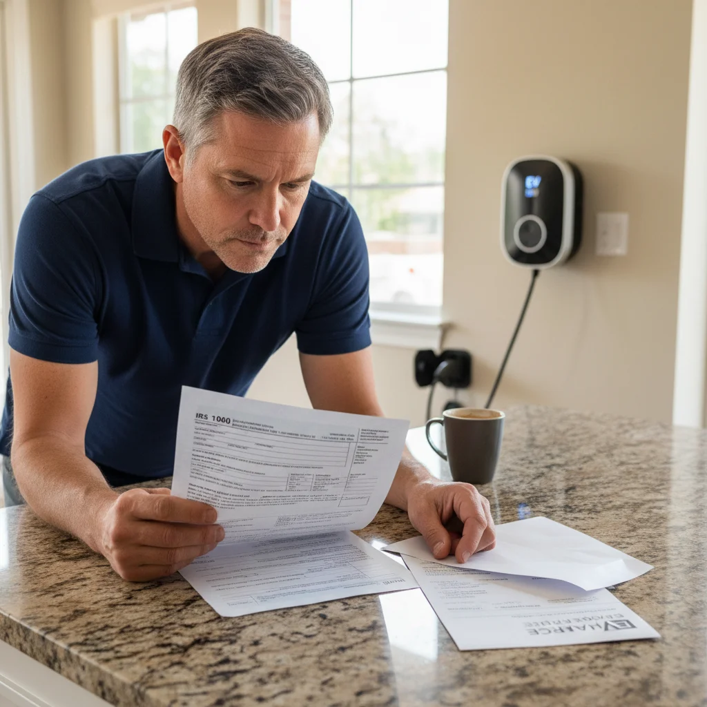Homeowner reviewing tax forms and an EV charger installation invoice.